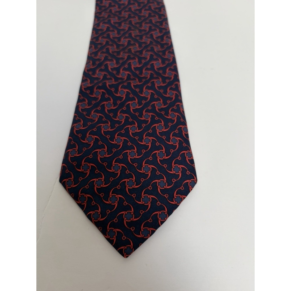 Hermes Silk Tie Mens 57.5 Inches Navy Red Geometric Chain 7445 HA Made in France